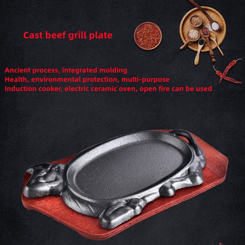 Wholesale cookware sets Pre-seasoned Fajita 25/27cm black bull shaped Cast Iron Sizzling Steak Plate With Wooden Base
