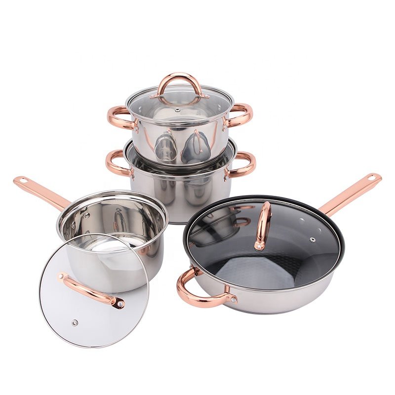 12pcs Rose Gold Plated Handle Stainless Steel Belly Shape Non-stick Cookware Sets Stainless High Quality Cooking Pots Set