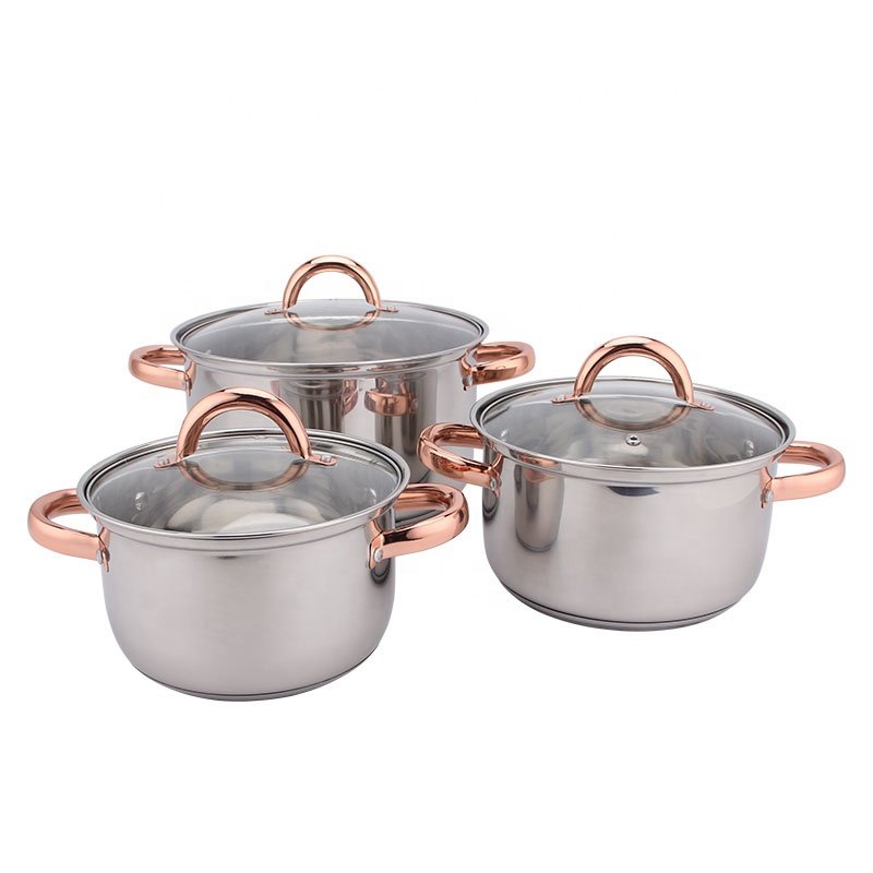 12pcs Rose Gold Plated Handle Stainless Steel Belly Shape Non-stick Cookware Sets Stainless High Quality Cooking Pots Set