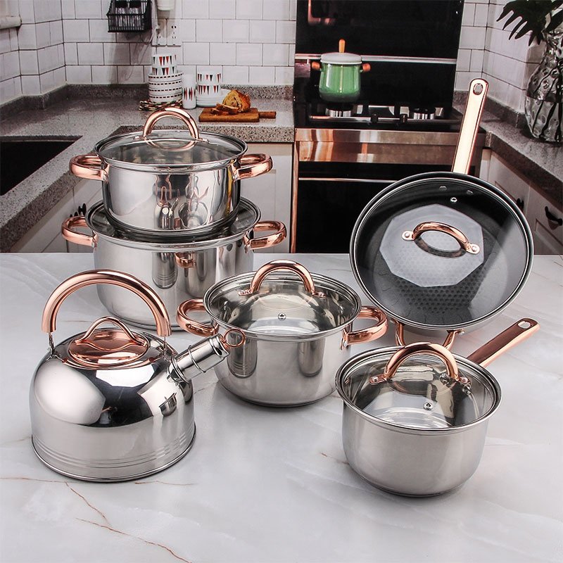 12pcs Rose Gold Plated Handle Stainless Steel Belly Shape Non-stick Cookware Sets Stainless High Quality Cooking Pots Set