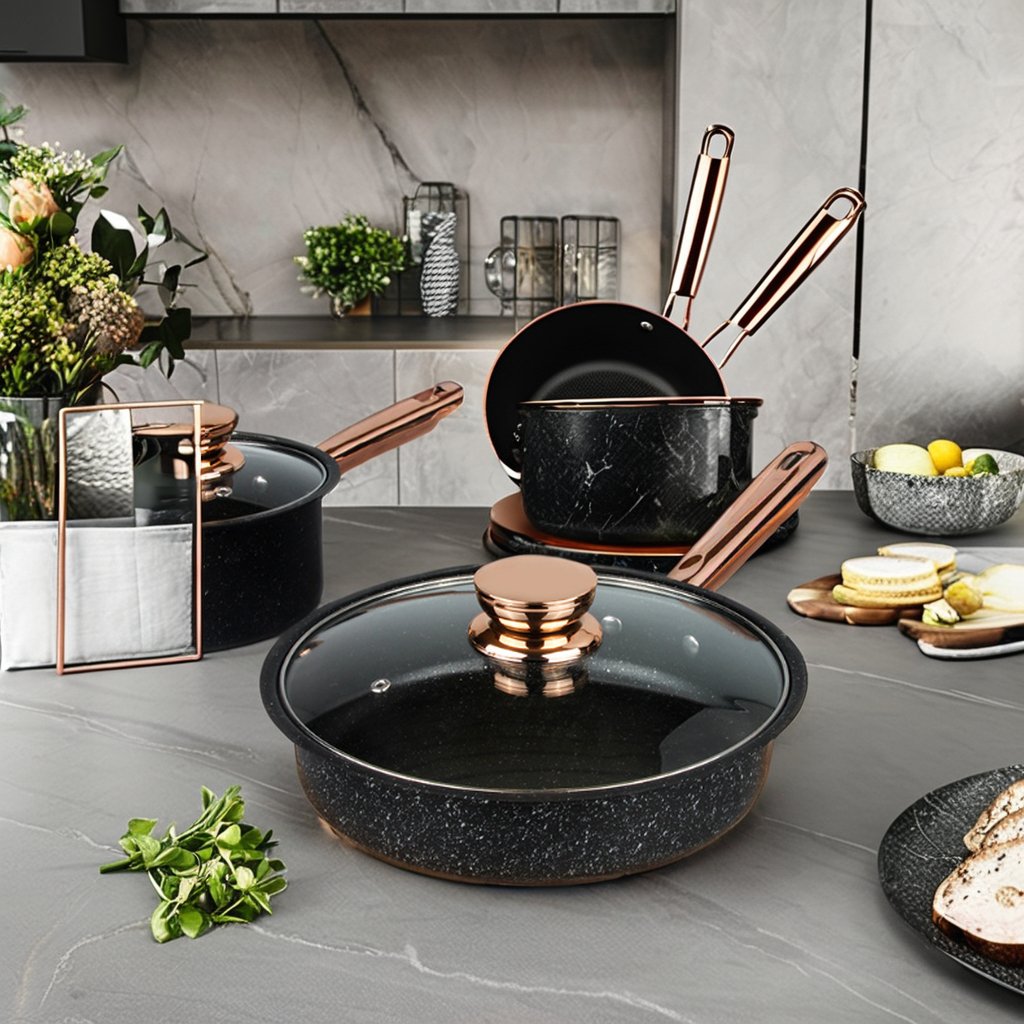 Cookware Set Pot and Pan Set Non Stick Cooking Pot Set Cast Iron Medical Stone with Glass Lid Hot Sale 8 Pieces Black Metal
