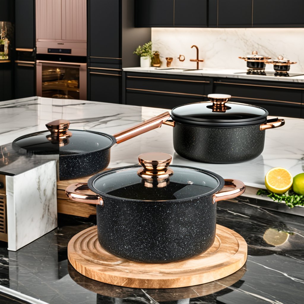 Cookware Set Pot and Pan Set Non Stick Cooking Pot Set Cast Iron Medical Stone with Glass Lid Hot Sale 8 Pieces Black Metal