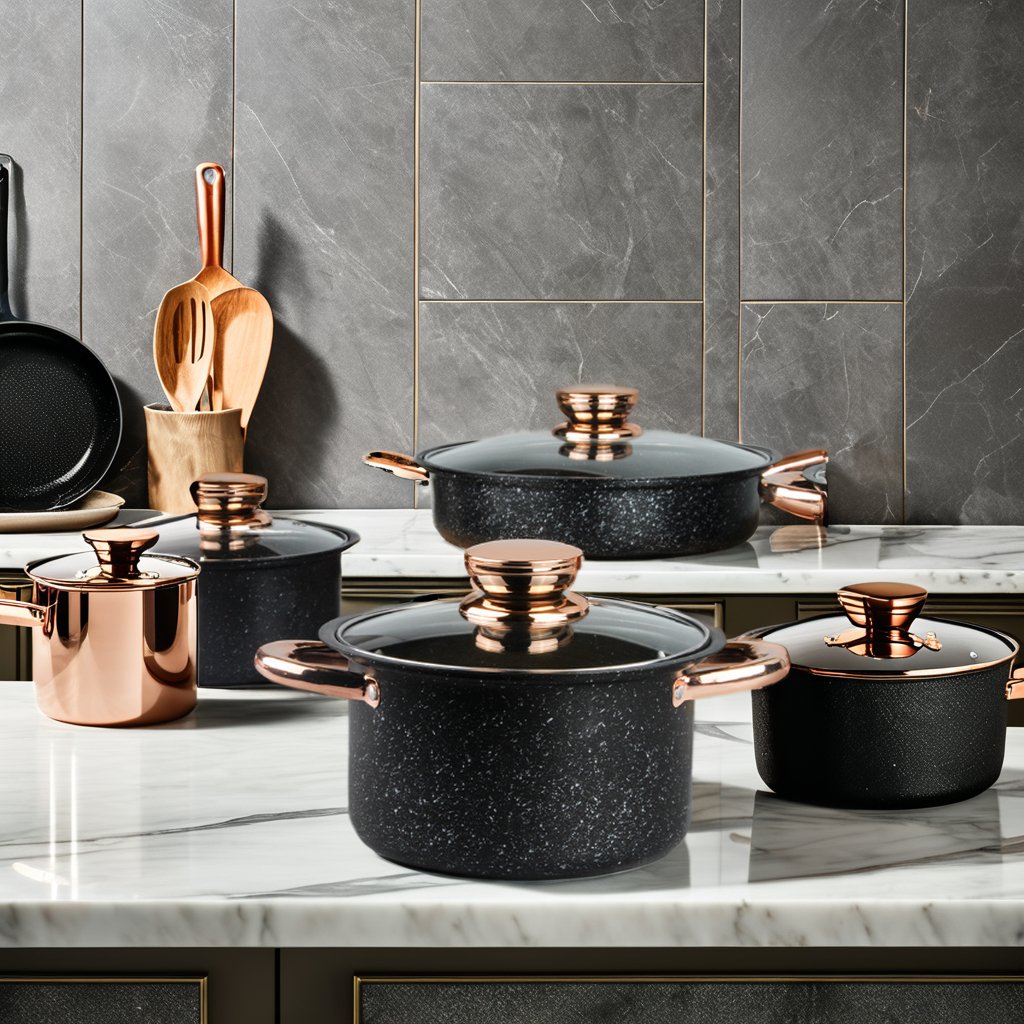Cookware Set Pot and Pan Set Non Stick Cooking Pot Set Cast Iron Medical Stone with Glass Lid Hot Sale 8 Pieces Black Metal