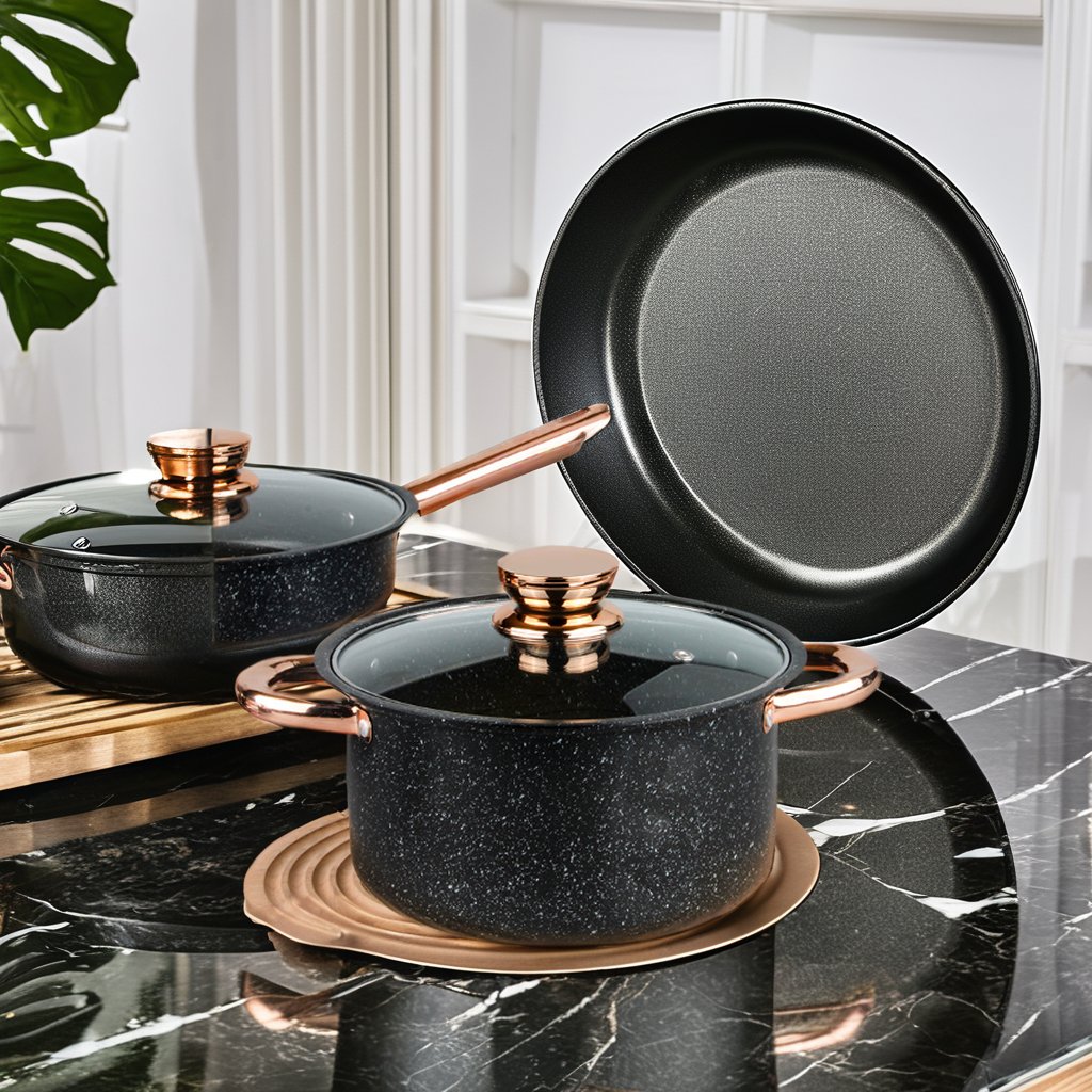Cookware Set Pot and Pan Set Non Stick Cooking Pot Set Cast Iron Medical Stone with Glass Lid Hot Sale 8 Pieces Black Metal