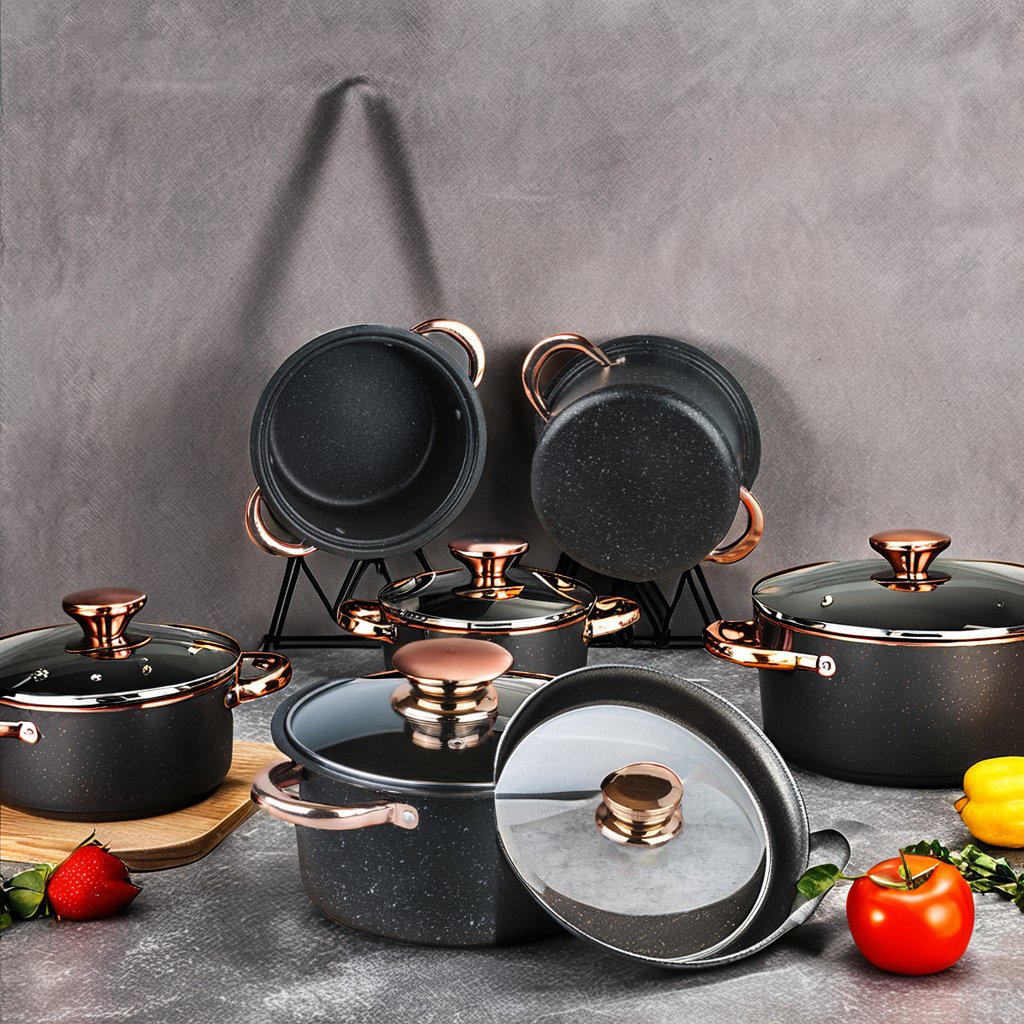 Cookware Set Pot and Pan Set Non Stick Cooking Pot Set Cast Iron Medical Stone with Glass Lid Hot Sale 8 Pieces Black Metal
