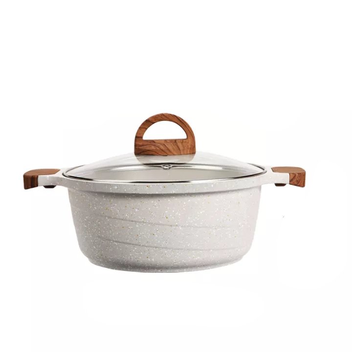 JEETEE Factory Induction Nonstick Coating Pan Cookware Sets Die Cast Aluminum Granite Marble Wooden Handle Cookware Sets