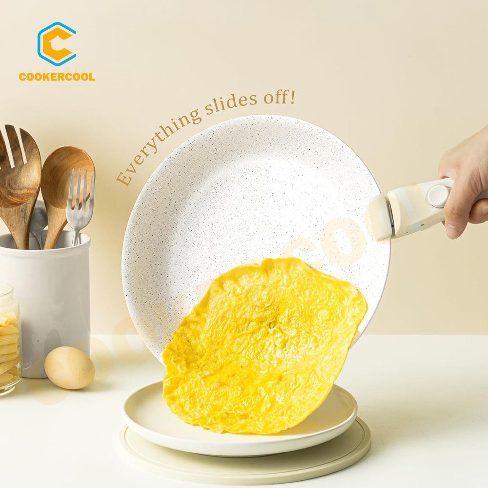 Cookercool Induction & Oven Safe Cream Ceramic Nonstick Detachable Handle Cookware Set Kitchen Pots & Pans with Glass Lid
