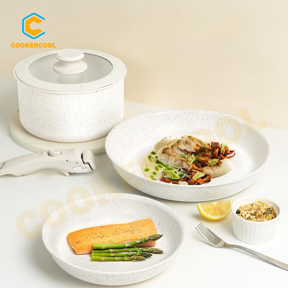 Cookercool Induction & Oven Safe Cream Ceramic Nonstick Detachable Handle Cookware Set Kitchen Pots & Pans with Glass Lid