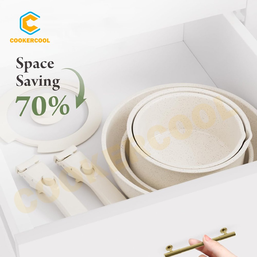 Cookercool Induction & Oven Safe Cream Ceramic Nonstick Detachable Handle Cookware Set Kitchen Pots & Pans with Glass Lid
