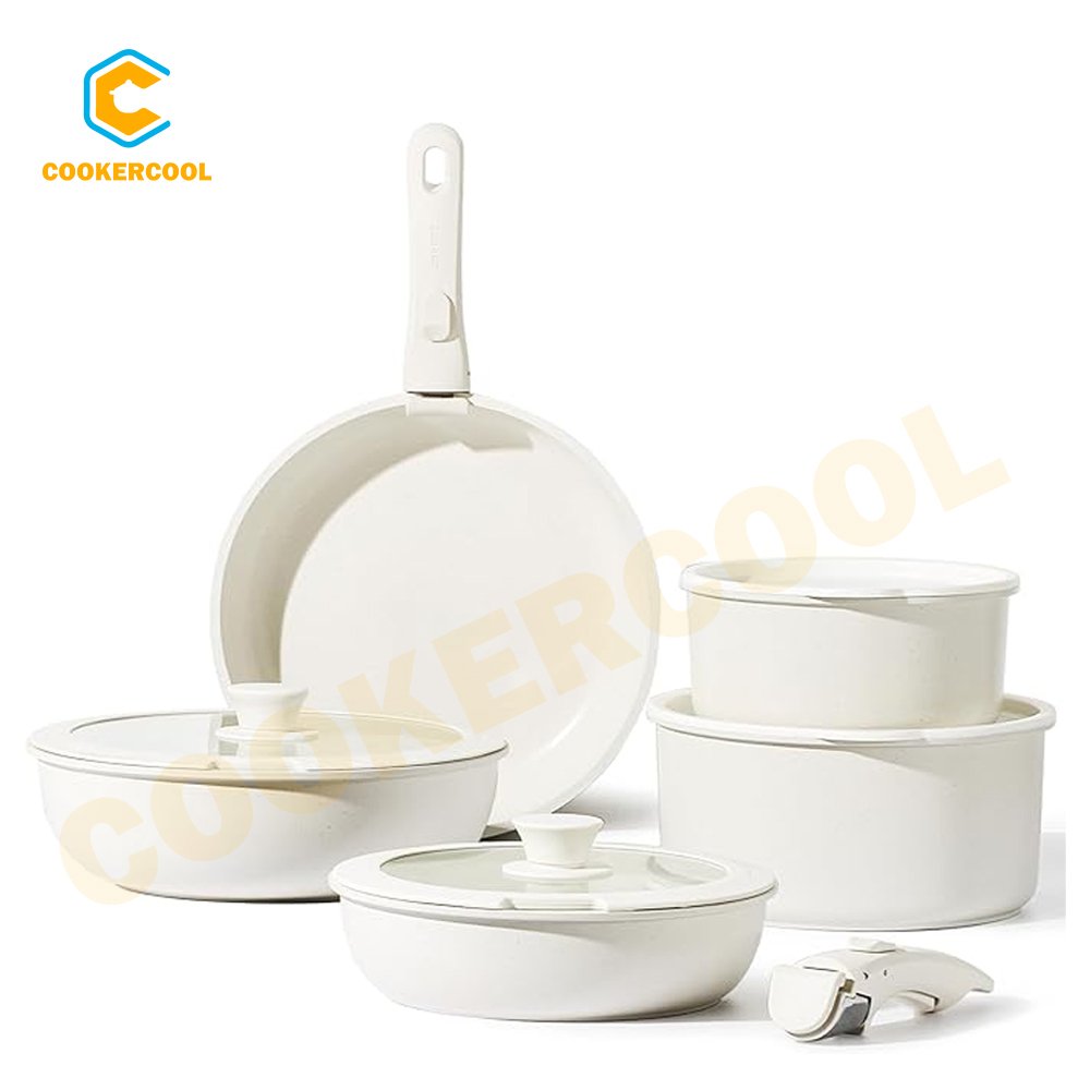 Cookercool Induction & Oven Safe Cream Ceramic Nonstick Detachable Handle Cookware Set Kitchen Pots & Pans with Glass Lid