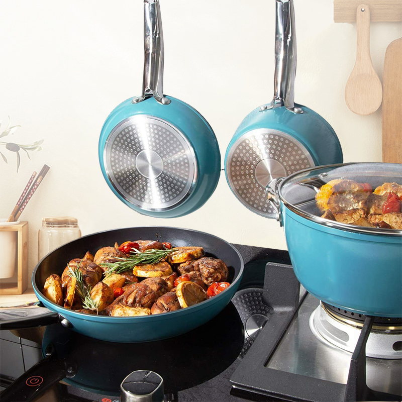 high qualtity 7pcs forged aluminium cooking Pots and Pans stainless steel handle nonstick cookware sets