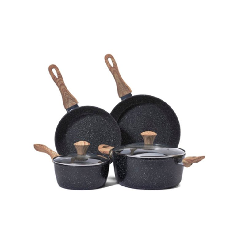 OEM Die Cast Aluminum Composite Bottom White Marble Non Stick Pots And Pans With Wooden Handle Cookware Sets