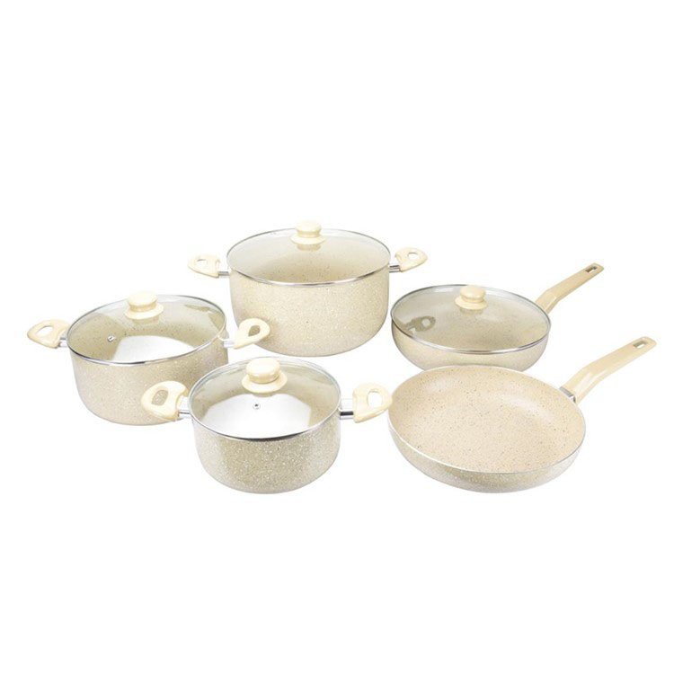 OEM Die Cast Aluminum Composite Bottom White Marble Non Stick Pots And Pans With Wooden Handle Cookware Sets