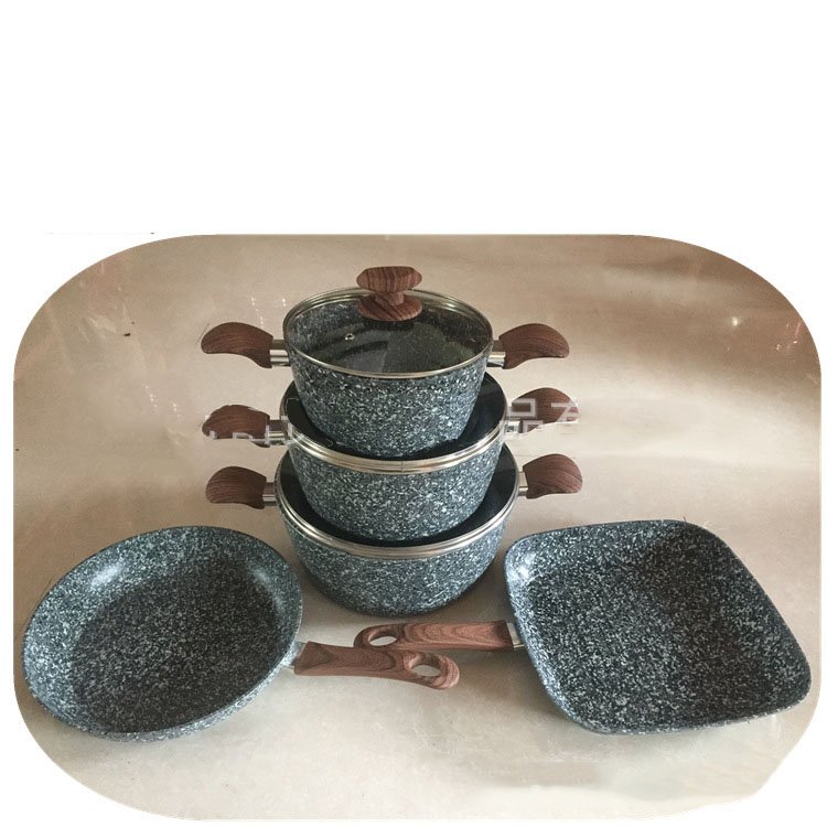OEM Die Cast Aluminum Composite Bottom White Marble Non Stick Pots And Pans With Wooden Handle Cookware Sets