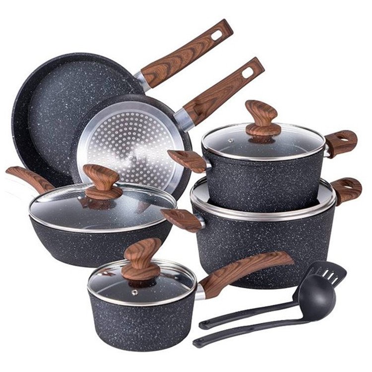 OEM Die Cast Aluminum Composite Bottom White Marble Non Stick Pots And Pans With Wooden Handle Cookware Sets