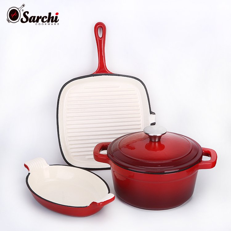 3 Pieces Enameled Cast Iron Cookware Set