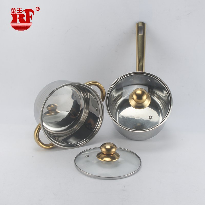 12pcs Stainless Steel Cookware Set Pots and Pans Cooking Pot Set Stainless Steel Stock Pot Golden Handle Glass Lid