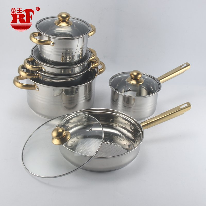12pcs Stainless Steel Cookware Set Pots and Pans Cooking Pot Set Stainless Steel Stock Pot Golden Handle Glass Lid