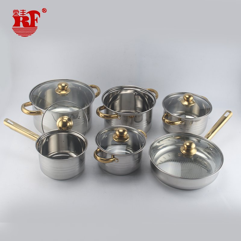 12pcs Stainless Steel Cookware Set Pots and Pans Cooking Pot Set Stainless Steel Stock Pot Golden Handle Glass Lid