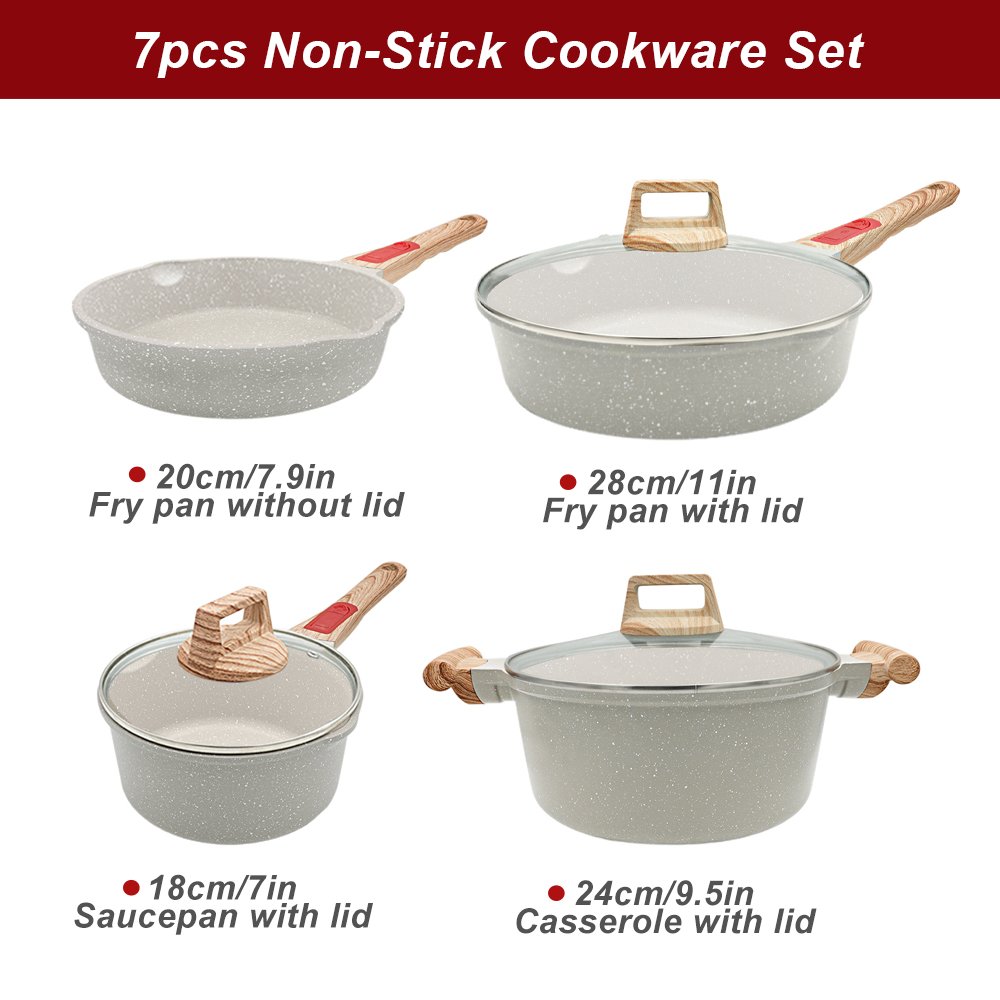 Die-Cast Aluminum Granite Cookware Sets Nonstick Cooking Pots and Pan Set 7pcs with Removable Handle