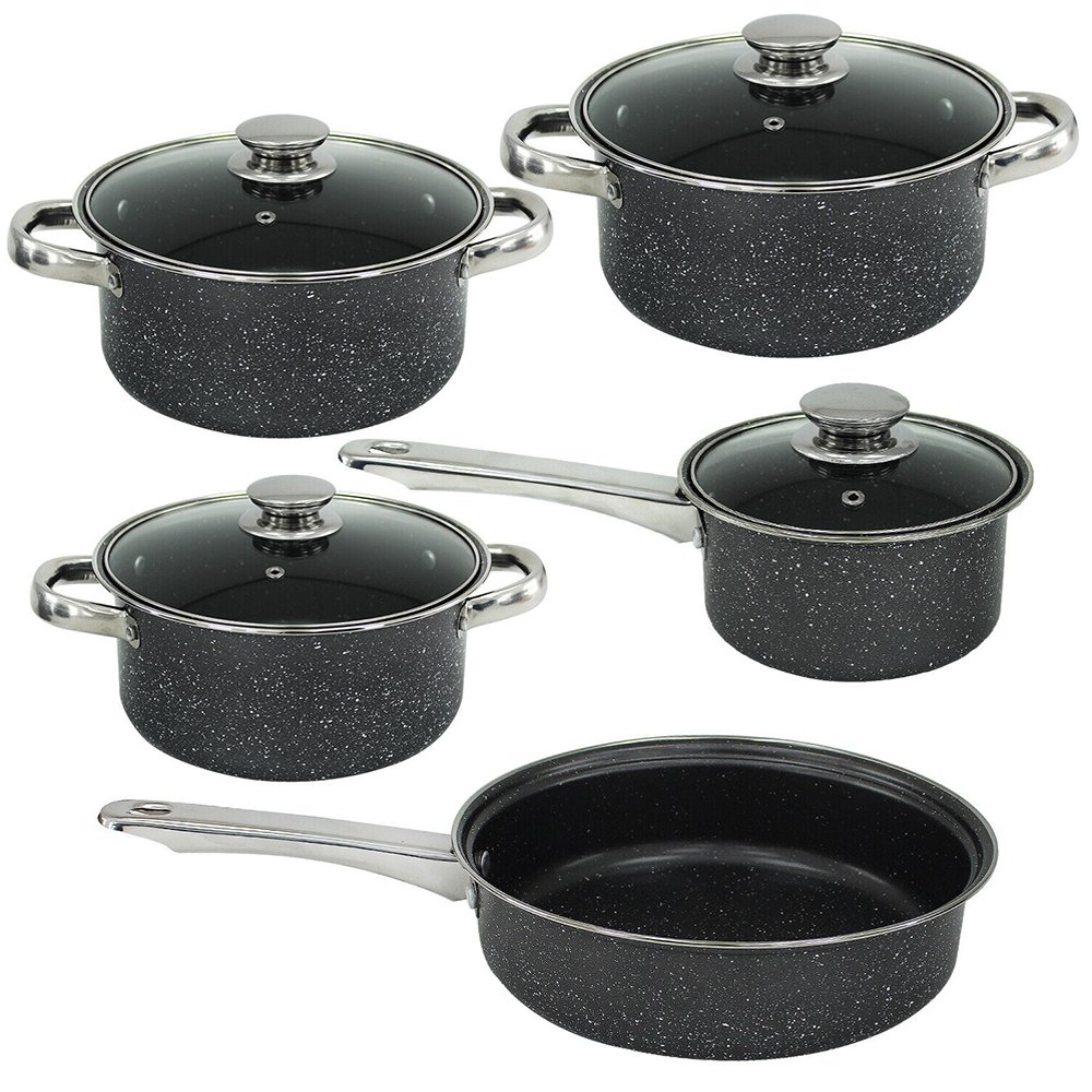 9pcs cheap kitchen iron non stick cookware stainless steel handle carbon steel non-stick marble coated cookware sets