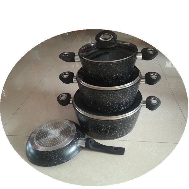 7PCS ALUMINUM FORGED BLACK MARBLE PAINTING NON STICK COOKWARE SET ALUMINUM NON STICK CASSEROLE AND FRY PAN SETS