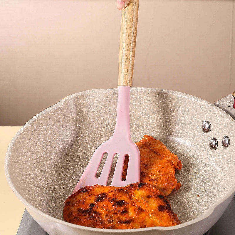 China Manufacture Complete Silicone Kitchen Cooking Tools Gadgets Cookware Set With Wooden Handles