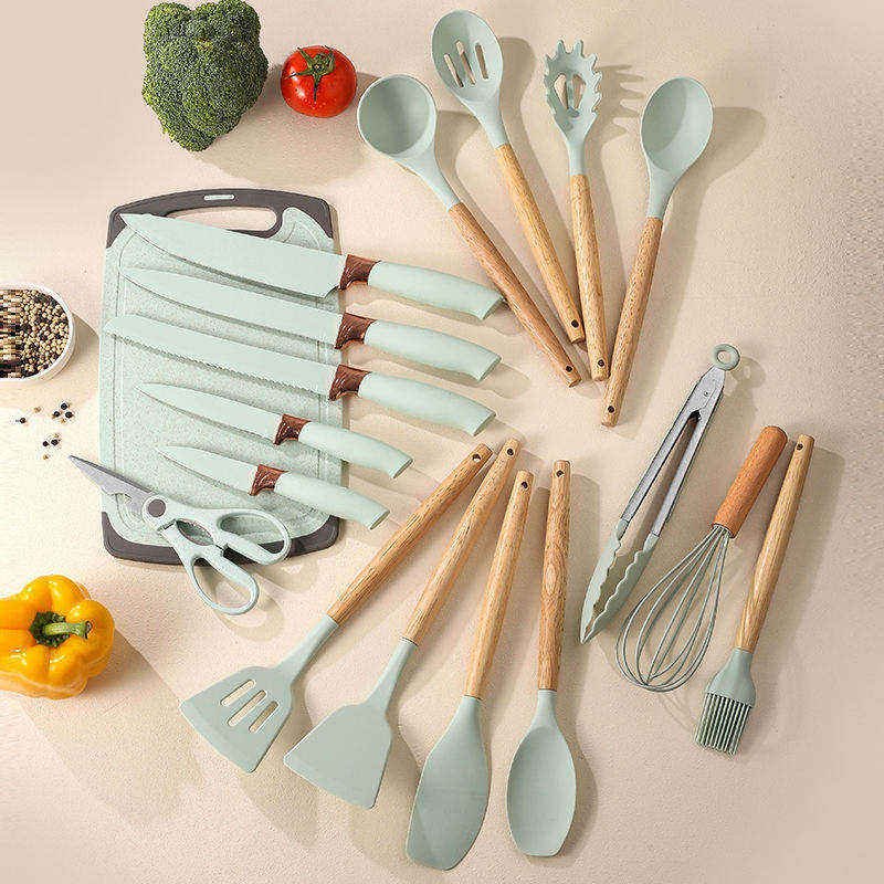 China Manufacture Complete Silicone Kitchen Cooking Tools Gadgets Cookware Set With Wooden Handles