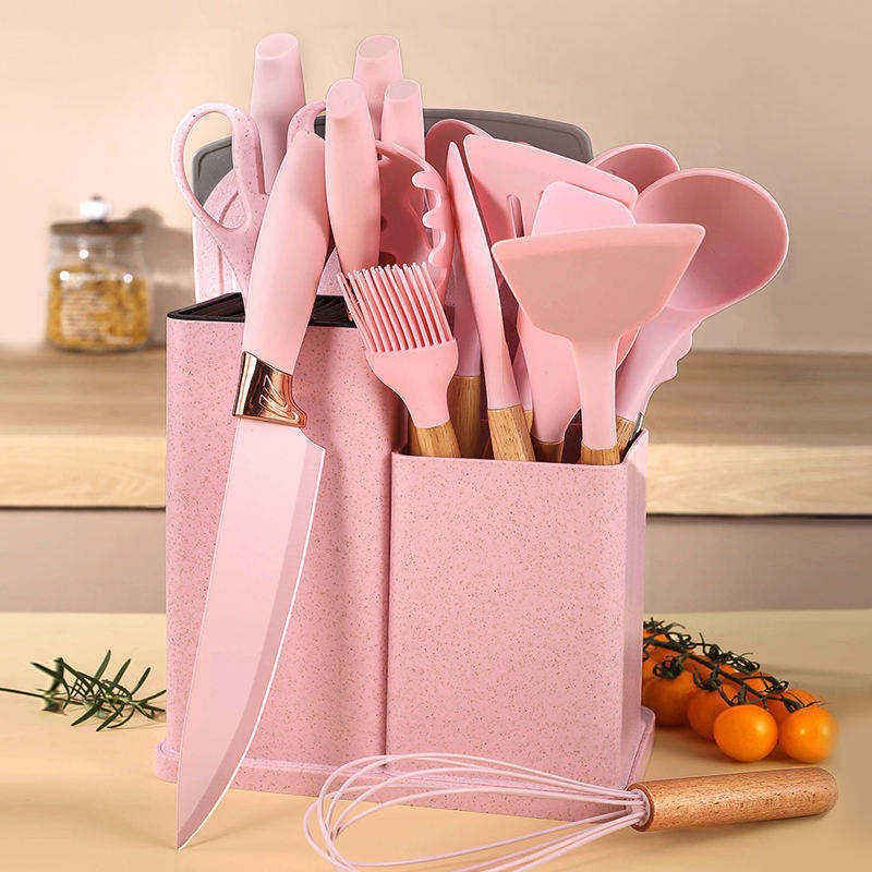China Manufacture Complete Silicone Kitchen Cooking Tools Gadgets Cookware Set With Wooden Handles