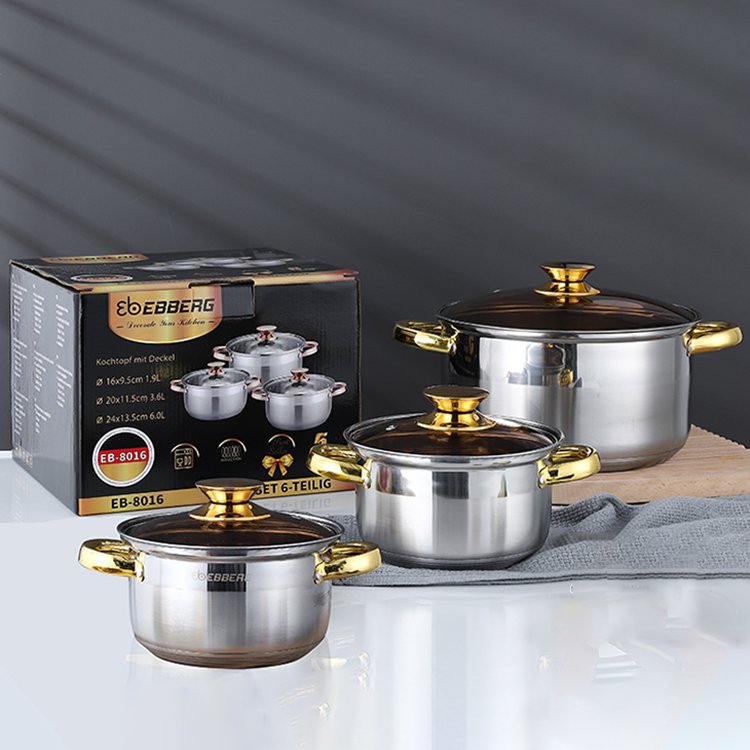 Factory Supply Directly 6PCS Stainless Steel Stockpot Cookware Set Tri-ply Kitchen Cookware Set