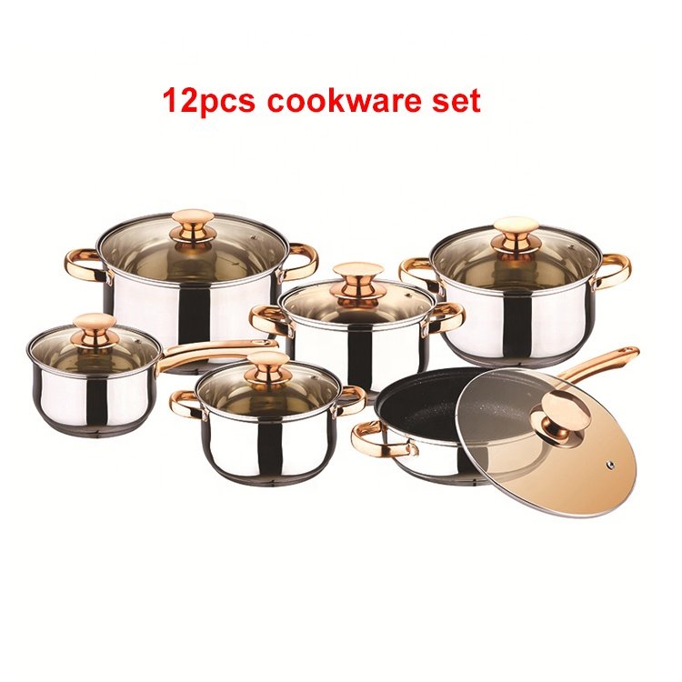 12pcs Modern Stainless Steel Cookware Set with Gold Handle Kitchen Usage Saucepan Frying Soup Pot Sustainable Glass Lid