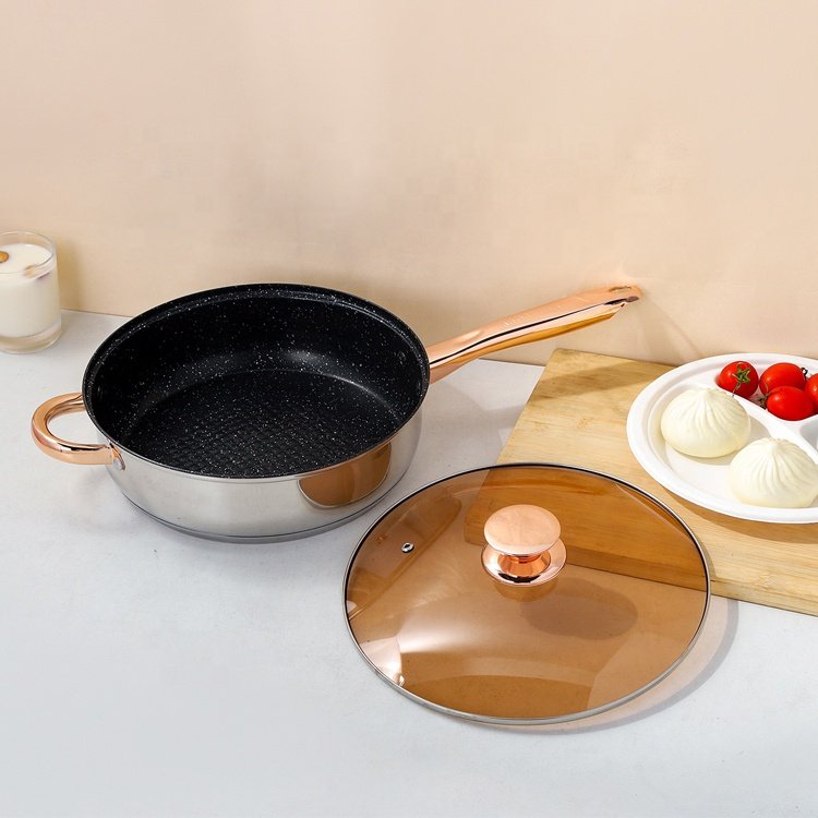 12pcs Modern Stainless Steel Cookware Set with Gold Handle Kitchen Usage Saucepan Frying Soup Pot Sustainable Glass Lid