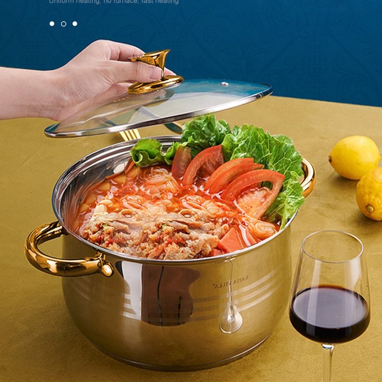 12pcs Modern Stainless Steel Cookware Set with Gold Handle Kitchen Usage Saucepan Frying Soup Pot Sustainable Glass Lid