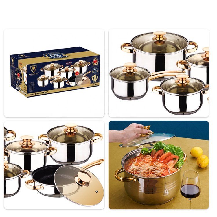 12pcs Modern Stainless Steel Cookware Set with Gold Handle Kitchen Usage Saucepan Frying Soup Pot Sustainable Glass Lid