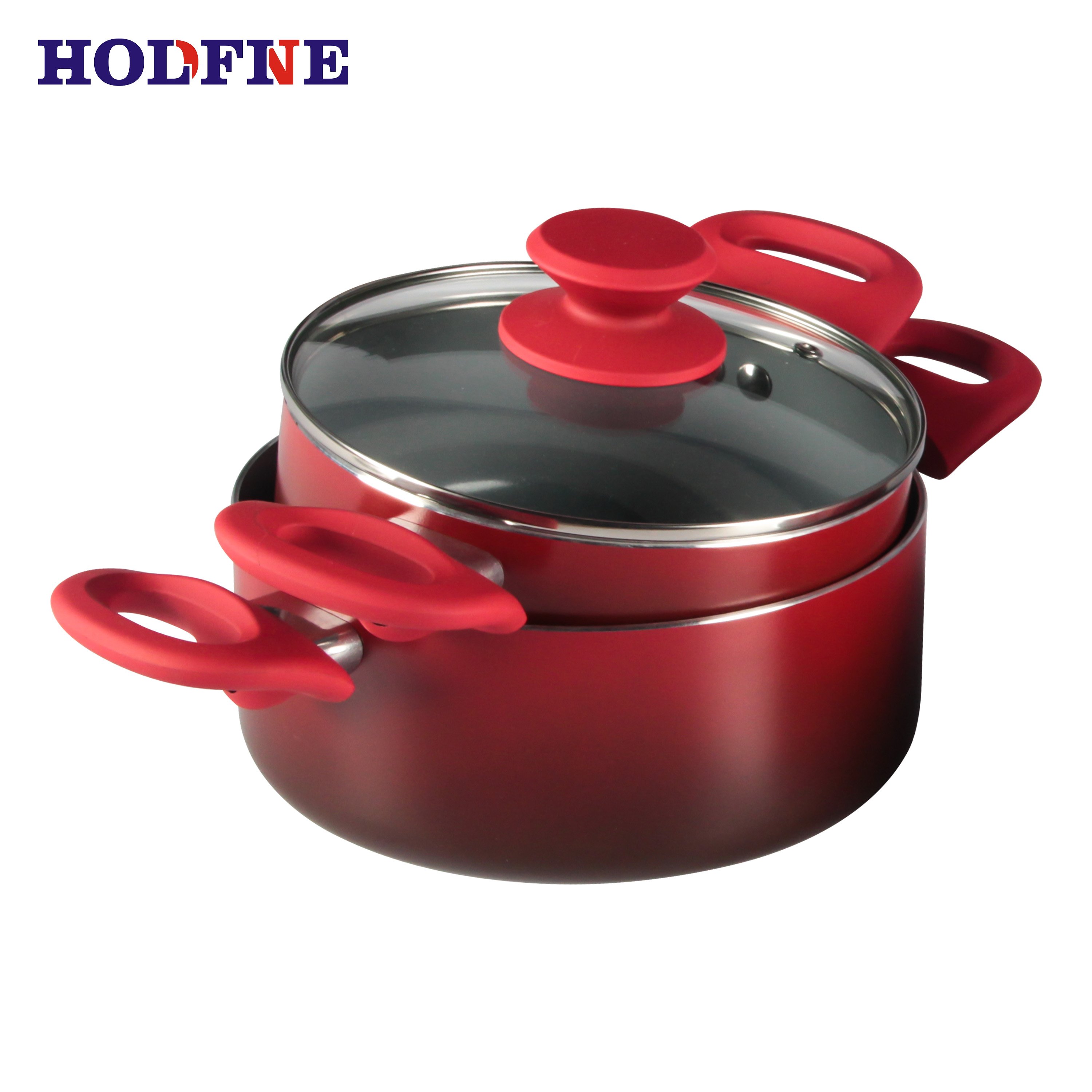 Hot selling customized Red gradient colors can be customized Manufacturer soup pot aluminium fry pan non stick cookware set