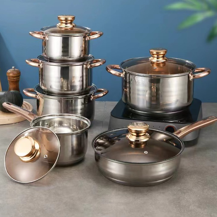 12 pcs 5-layer double bottom Golden handle brown glass lid high quality stainless steel cookware set