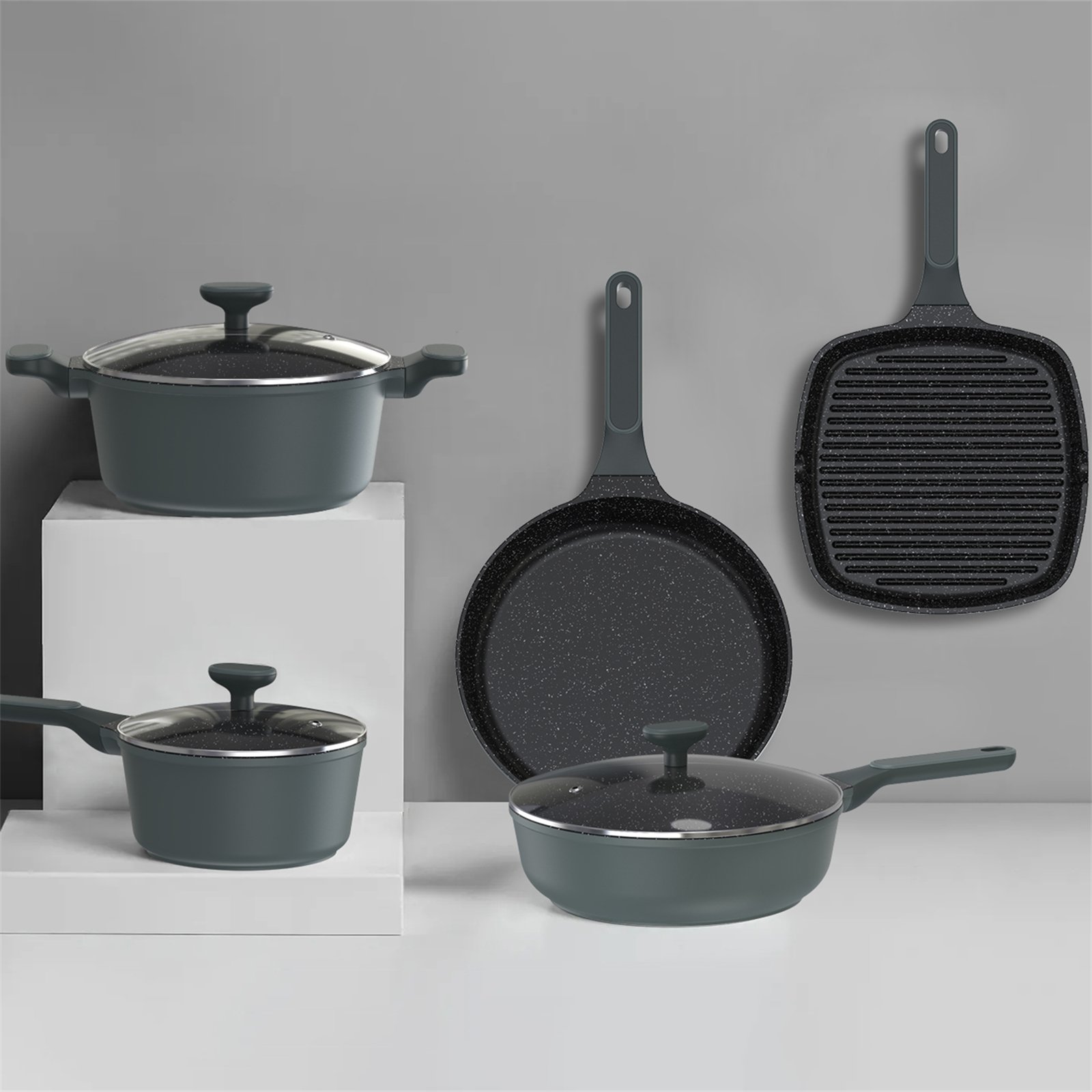 Kitchenware Die Cast Cooking Set Aluminium Marble Non Stick Cookware With Lid Soft Touch Handle