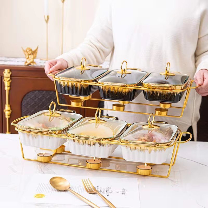 European luxury rectangle ceramic dry pot food warmer set chafing dish wedding hotel equipment hot pot cookware sets with lid