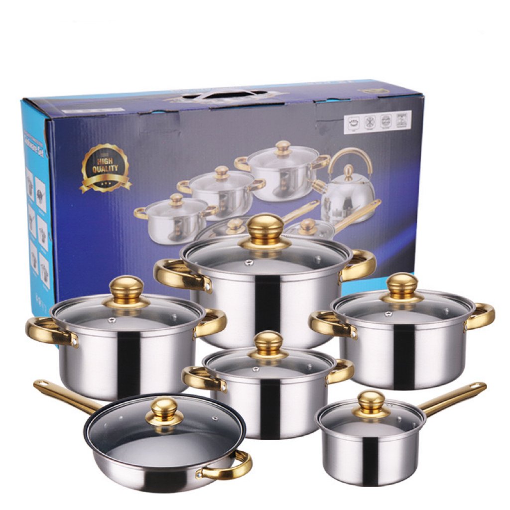 wholesale golden handle and know colored 12pcs stainless steel cookware set with glass lid