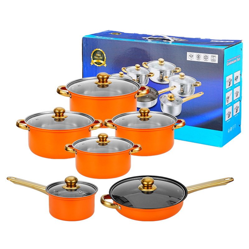 wholesale golden handle and know colored 12pcs stainless steel cookware set with glass lid
