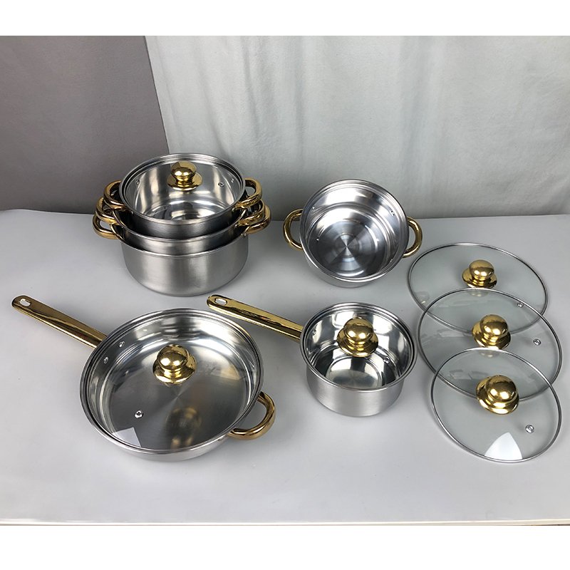 wholesale golden handle and know colored 12pcs stainless steel cookware set with glass lid