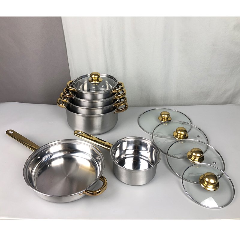 wholesale golden handle and know colored 12pcs stainless steel cookware set with glass lid