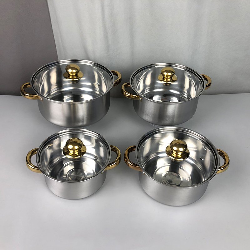 wholesale golden handle and know colored 12pcs stainless steel cookware set with glass lid