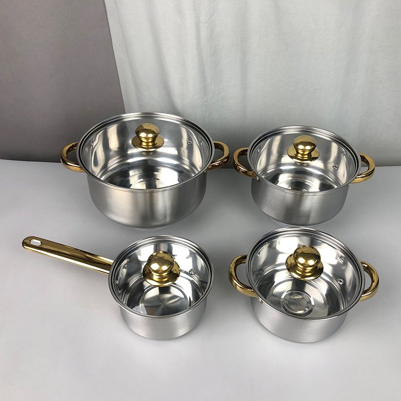 wholesale golden handle and know colored 12pcs stainless steel cookware set with glass lid