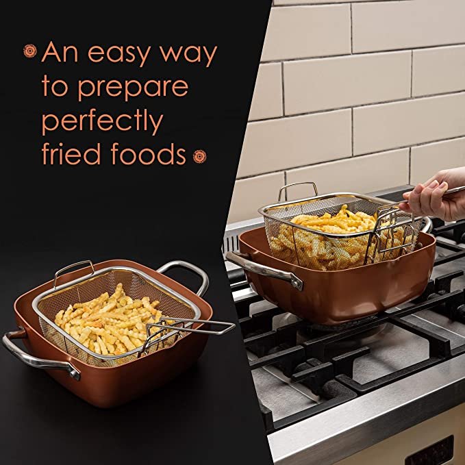 4 Piece of Non Stick Aluminum Cookware Set, 5 Quart Copper Pot Set Square Pan, Fry Basket Steamer Rack