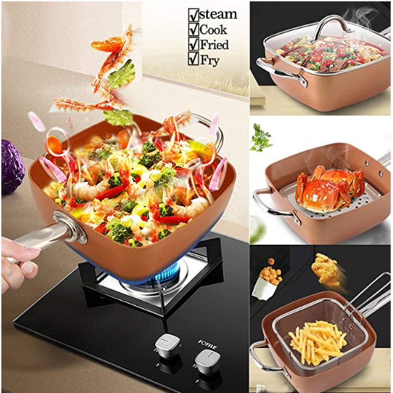 4 Piece of Non Stick Aluminum Cookware Set, 5 Quart Copper Pot Set Square Pan, Fry Basket Steamer Rack