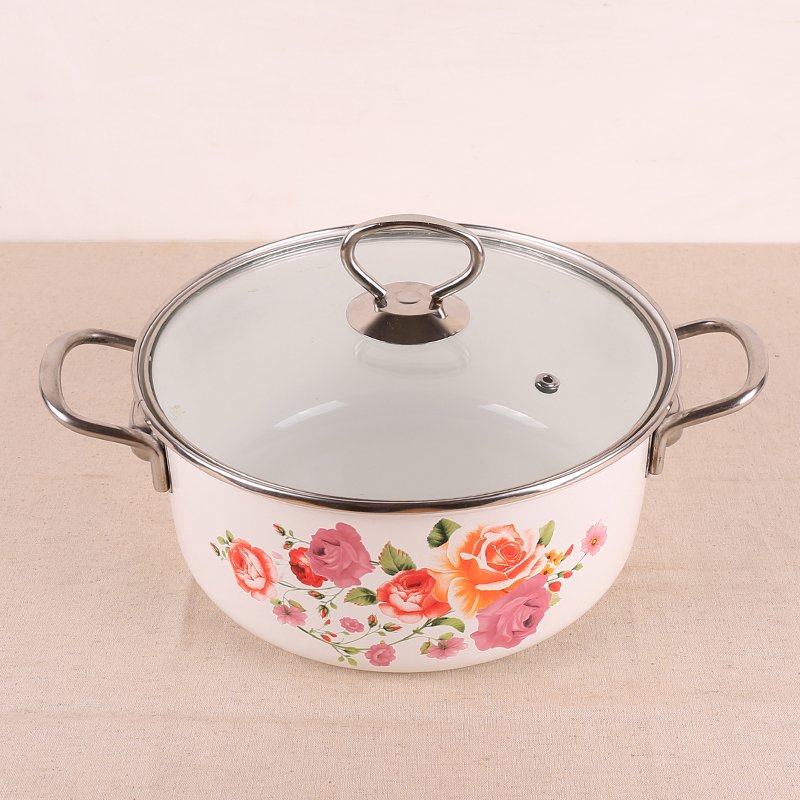 Hundreds of flowers in bloom Enamel soup pot with 22CM stainless steel handle glass cover