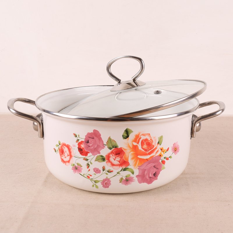 Hundreds of flowers in bloom Enamel soup pot with 22CM stainless steel handle glass cover