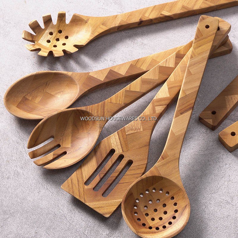 WOODSUN Cooking Utensils Natural Teak Kitchen Utensil Set Heat Resistant Non Stick Wood Cookware Slotted Spurtle Spatula Sets