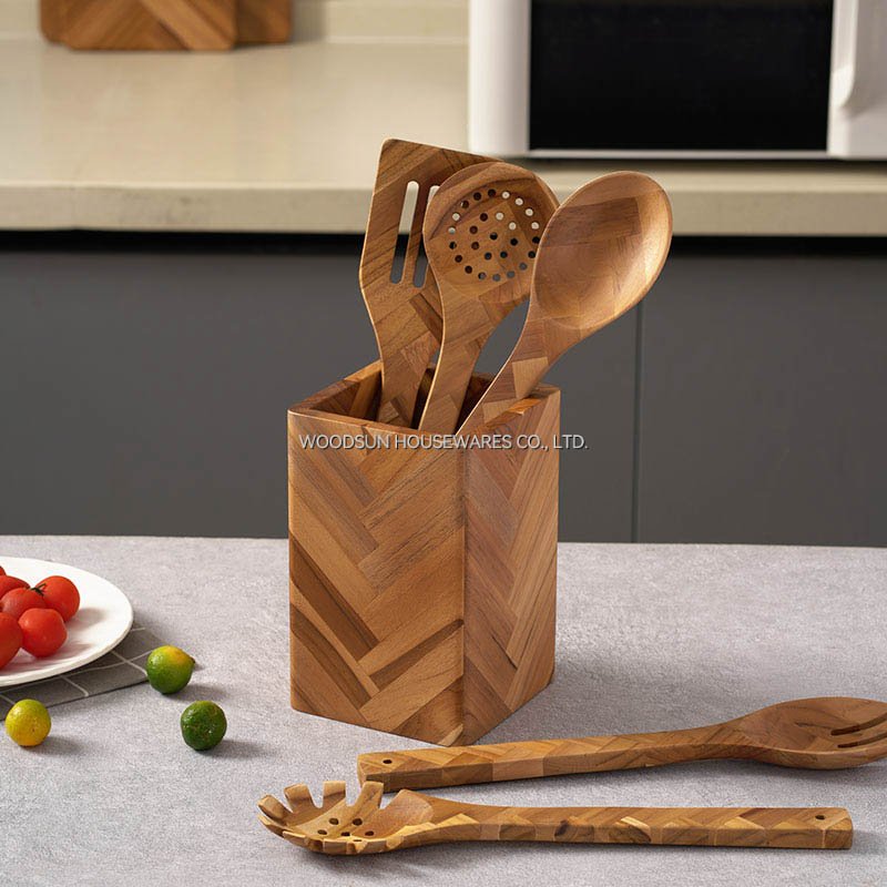 WOODSUN Cooking Utensils Natural Teak Kitchen Utensil Set Heat Resistant Non Stick Wood Cookware Slotted Spurtle Spatula Sets